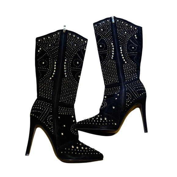 Black Studded High Heel Boots Mid Calf Size 10 Stiletto Beyonce Cowboy Sexy Y2k - Picture 3 of 9